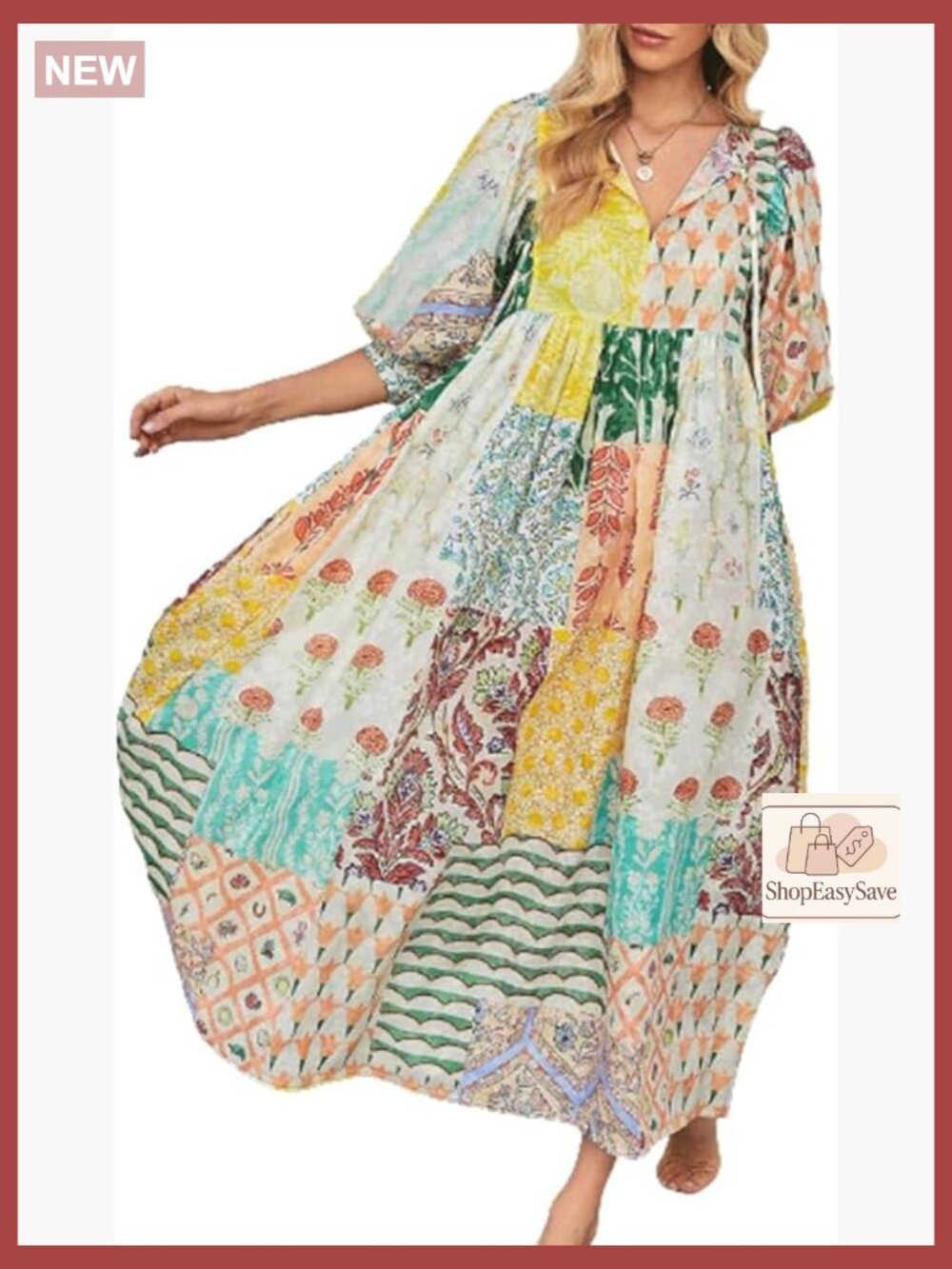 Boho Floral Maxi Dress Lantern Sleeves V Neck Loose Fit Summer Beach